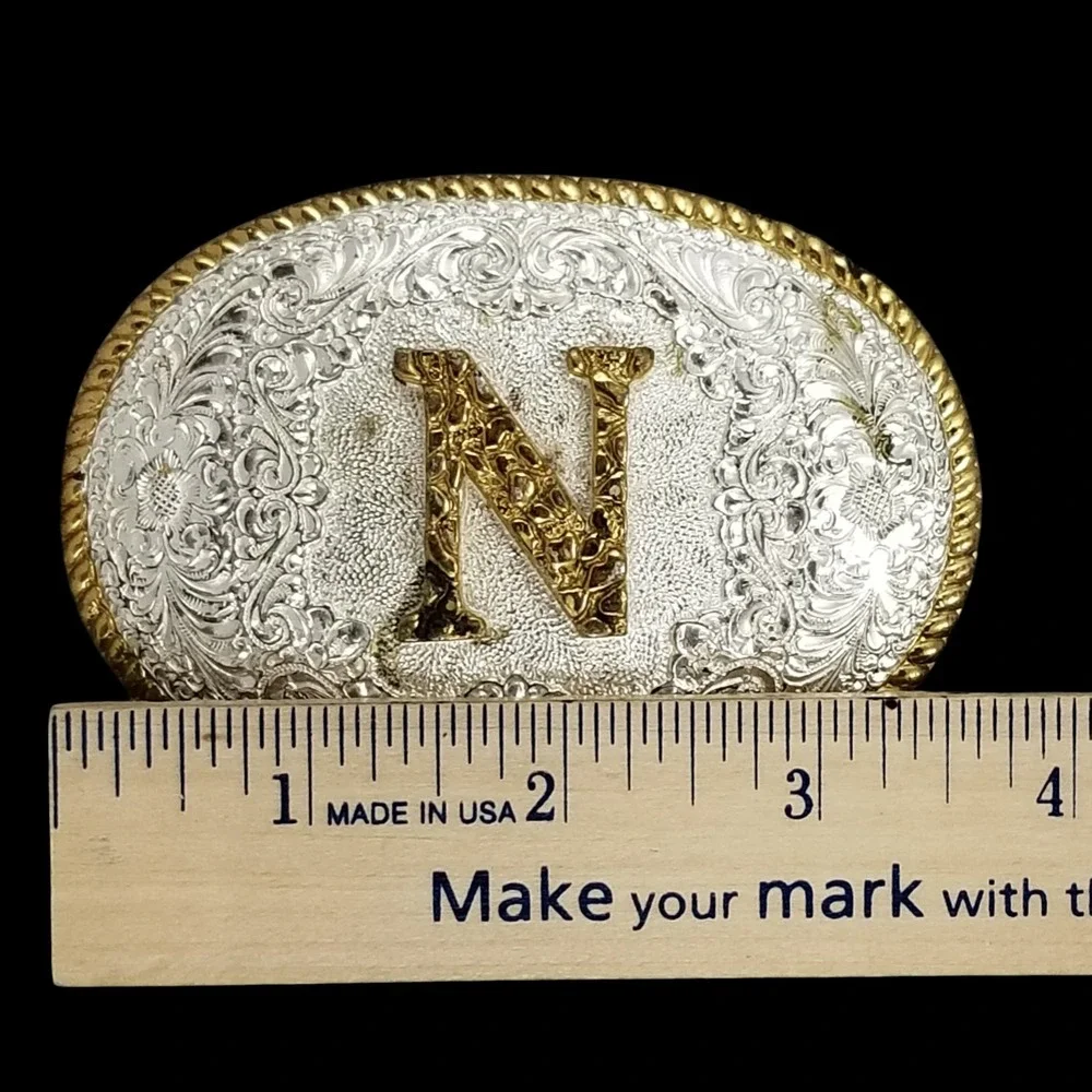 Crumrine Mfg Western Belt Buckle Initial N Silver Gold Tone Floral Engraved Oval